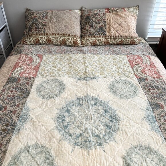 POTTERY BARN Stella Kalamkari Reversible Queen Patchwork Quilt & Shams VERY RARE - Picture 2 of 13